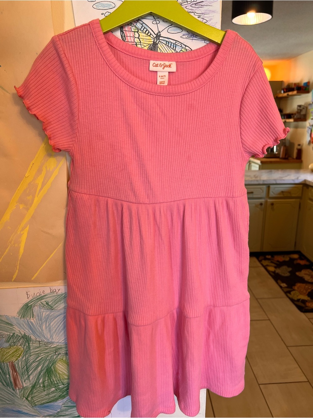 Cat & Jack Bright Pink Ribbed Tiered Short-Sleeve Dress
